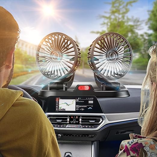 Car Fan Long Neck Double Head Adjustable V Fan For Summer – 360 Degrees Rotatable Dual Head Brushless